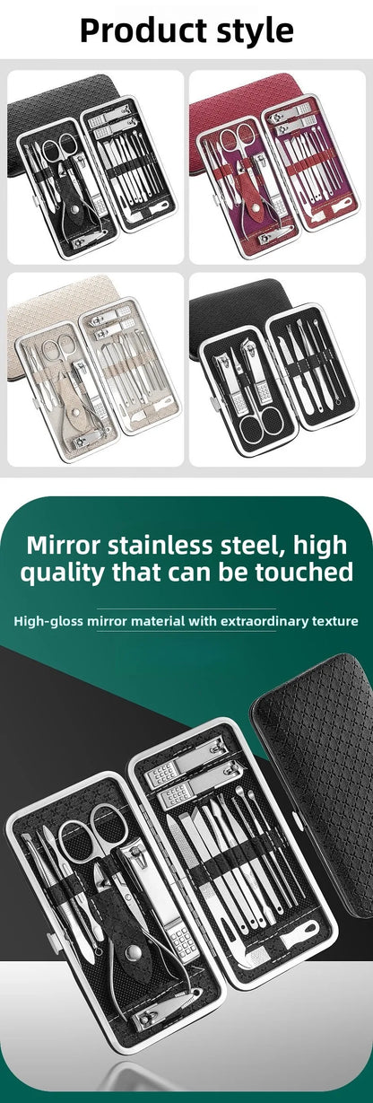 Stainless steel nail clipper set of 19 pieces, diagonal nail clippers, pedicures, ear picks, spoons, nail art set