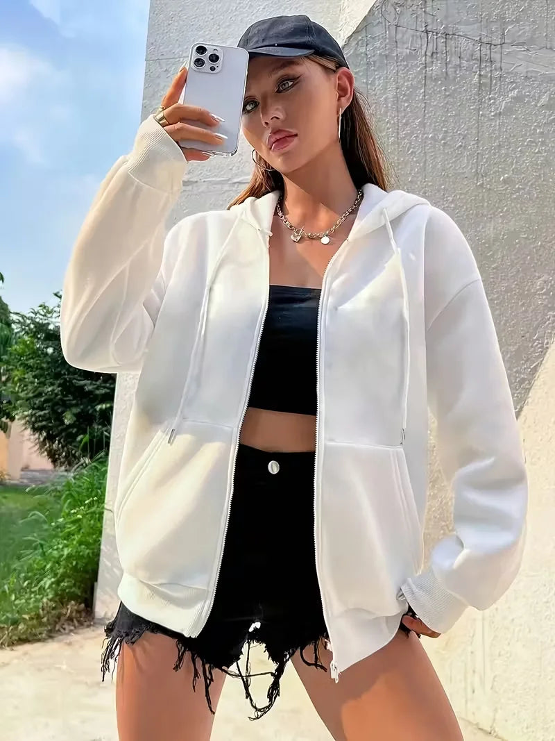 Black White Women's Zipper Hoodies Jacket Cotton Fleece Hoody Sweatshirt Pullover Autumn Winter Oversized Loose Tops Coat Unisex