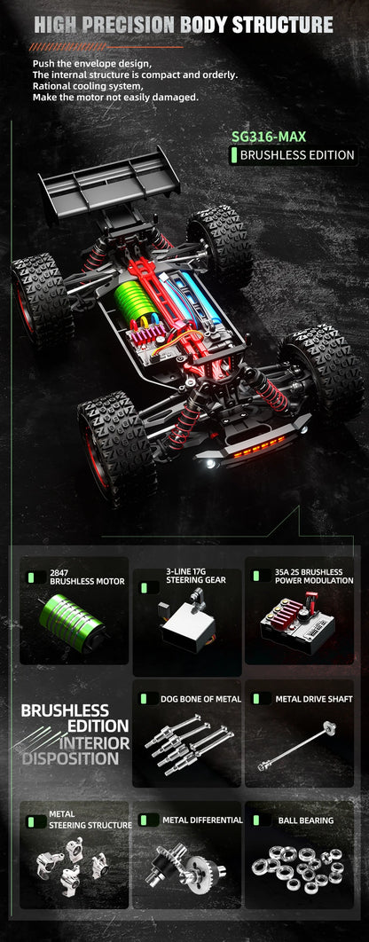 ZLL SG316 MAX 1:16 High Speed Drift Racing Car 80KM/H Brushless Motor 4WD RC Off Road Car Monster Trucks Toys for For Kids Gifts
