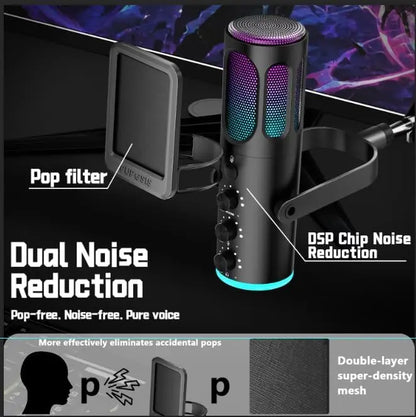 PUPGSIS Gaming USB Microphone, Noise Cancellation Condenser Mic with Mute, Gain, RGB Lights, Boom Arm Stand for Streaming, PC