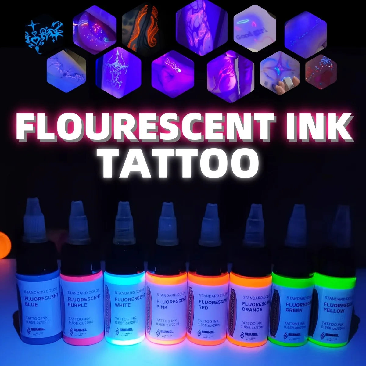 UV Fluorescent Tattoo Ink Set - 8 Colors Glow in The Dark, 20ml Safe & Non-Toxic for Body Art.