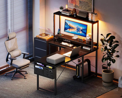 Coleshome L-Shaped Gaming Desk with Led and Plugs, 110 × 80 cm Reversible Gamer Desk with Shelves, Corner Desk with Storage Bag and Hook for Gamers, Black
