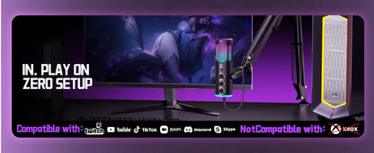 PUPGSIS Gaming USB Microphone, Noise Cancellation Condenser Mic with Mute, Gain, RGB Lights, Boom Arm Stand for Streaming, PC