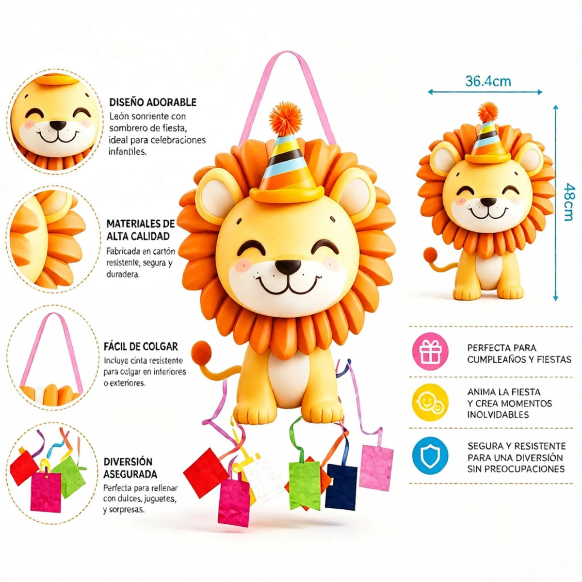Lejonpiñata med partyhatt och dragband – 48 × 36,4 cm