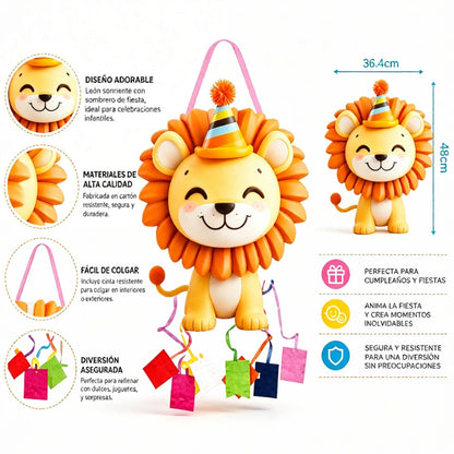 Lejonpiñata med partyhatt och dragband – 48 × 36,4 cm