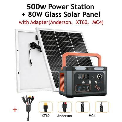 Portable Power Station 500W Optional 80W Rigid Solar Panel with 5m Extension Cable Outdoor Solar Generator for Camping RV Emergency Backup Power
