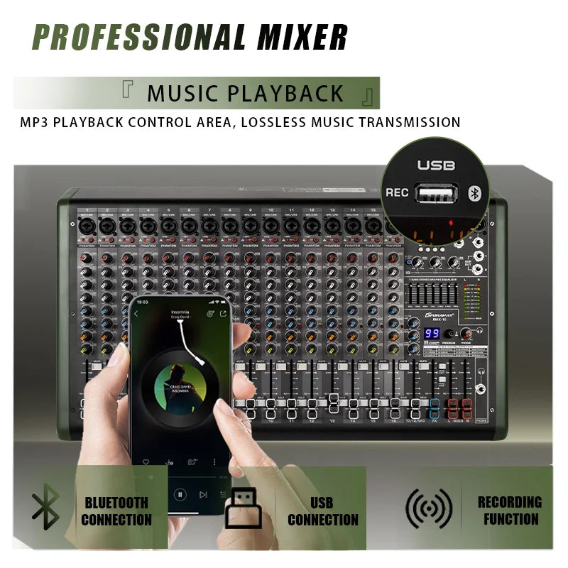 FUHAM MAX-seriens ljudmixer med mikrofon- och hörlursutgång