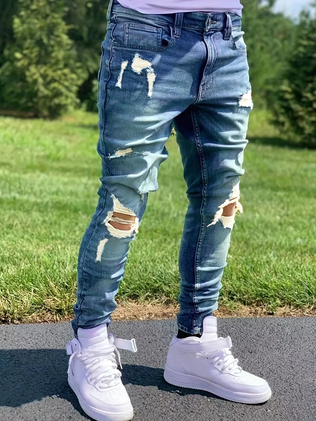 Denim Pant Men Jeans Vintage Washed Hole Sheath Pants High Waist Distressed Ankle Length Trousers Y2k Streetwear Casual Spring