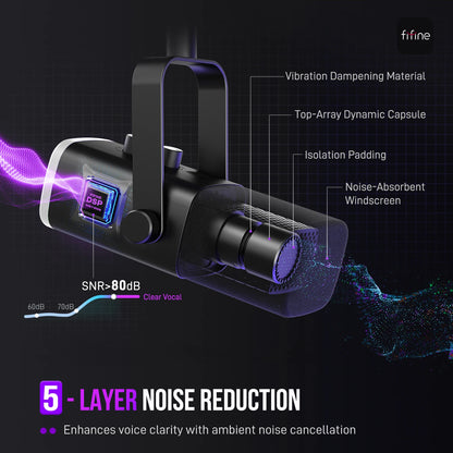 FIFINE USB/XLR dynamisk mikrofon med RGB, hörlursuttag och mute