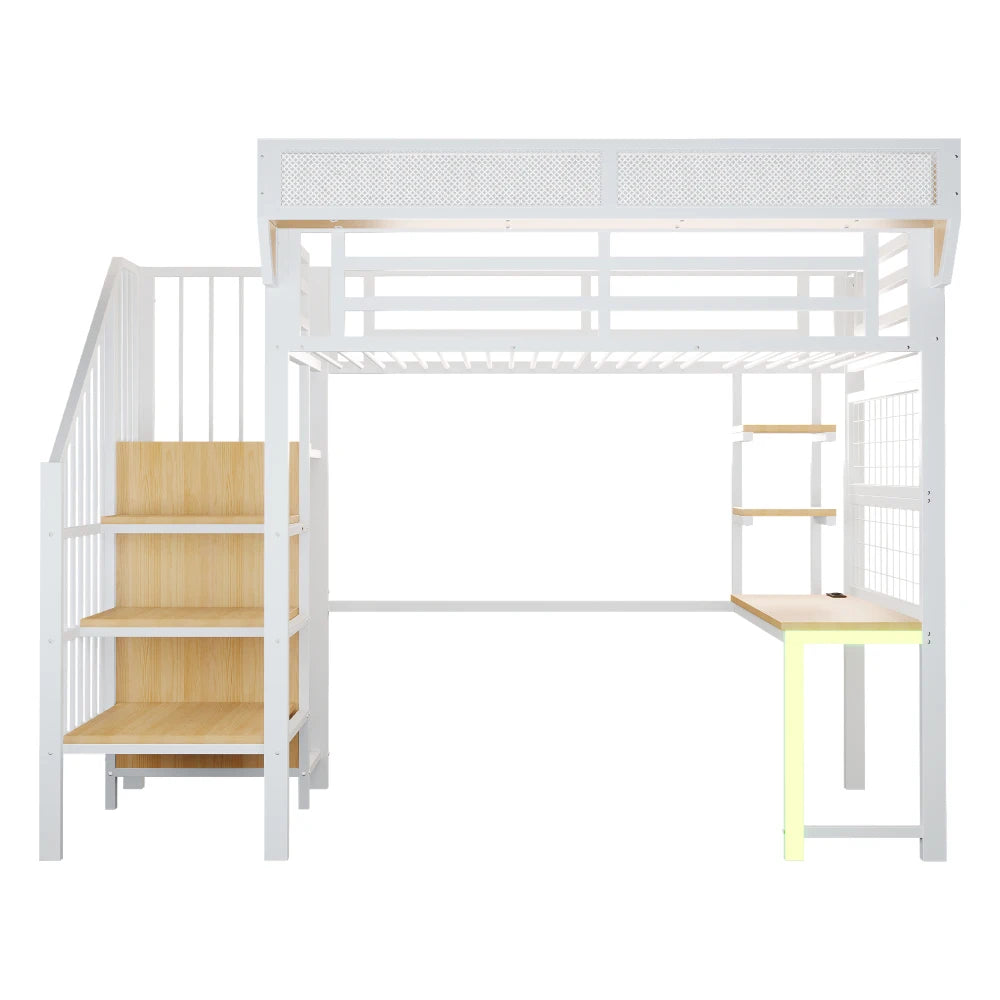 90×200cm & 140*200cm Metal High Bed, with Desk, Shelf and Storage Net, Complete with Safety Ladder, LED Lighting and Socket