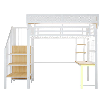 90×200cm & 140*200cm Metal High Bed, with Desk, Shelf and Storage Net, Complete with Safety Ladder, LED Lighting and Socket