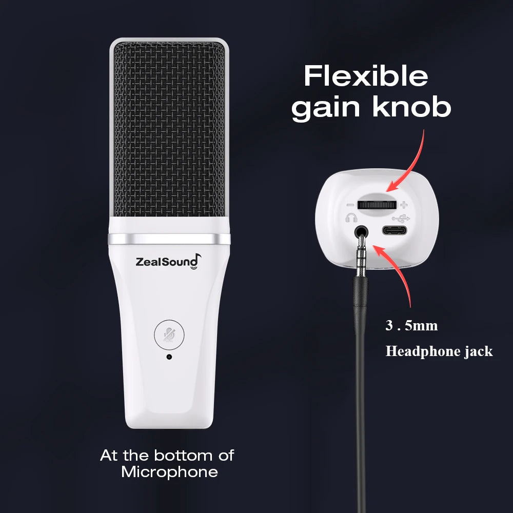 Vit USB-kondensatormikrofon med RGB och mikrofonarm för streaming