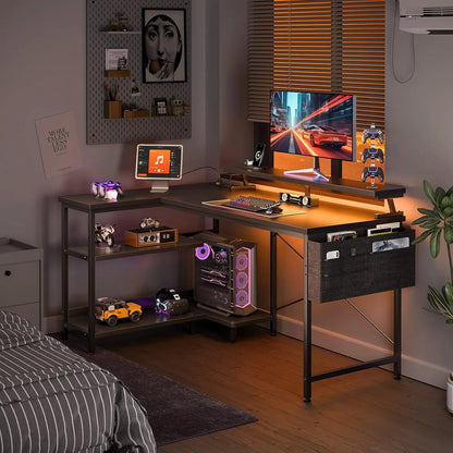Coleshome Gaming Desk with Led, 120X80Cm Corner Desk with Reversible Shelves, L-Shaped Gaming Table with Power Outlets and USB Gaming Table with Monitor Stand Home Office, Black