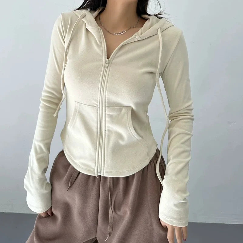 Women's Slim Fit Hooded Zip Up Sports Sweatshirt | Autumn Cropped Casual Jacket Long Sleeve Athletic Outerwear K Pop Clothes