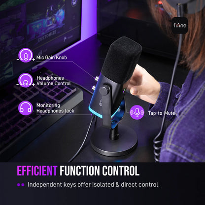 FIFINE USB/XLR dynamisk mikrofon med RGB, hörlursuttag och mute