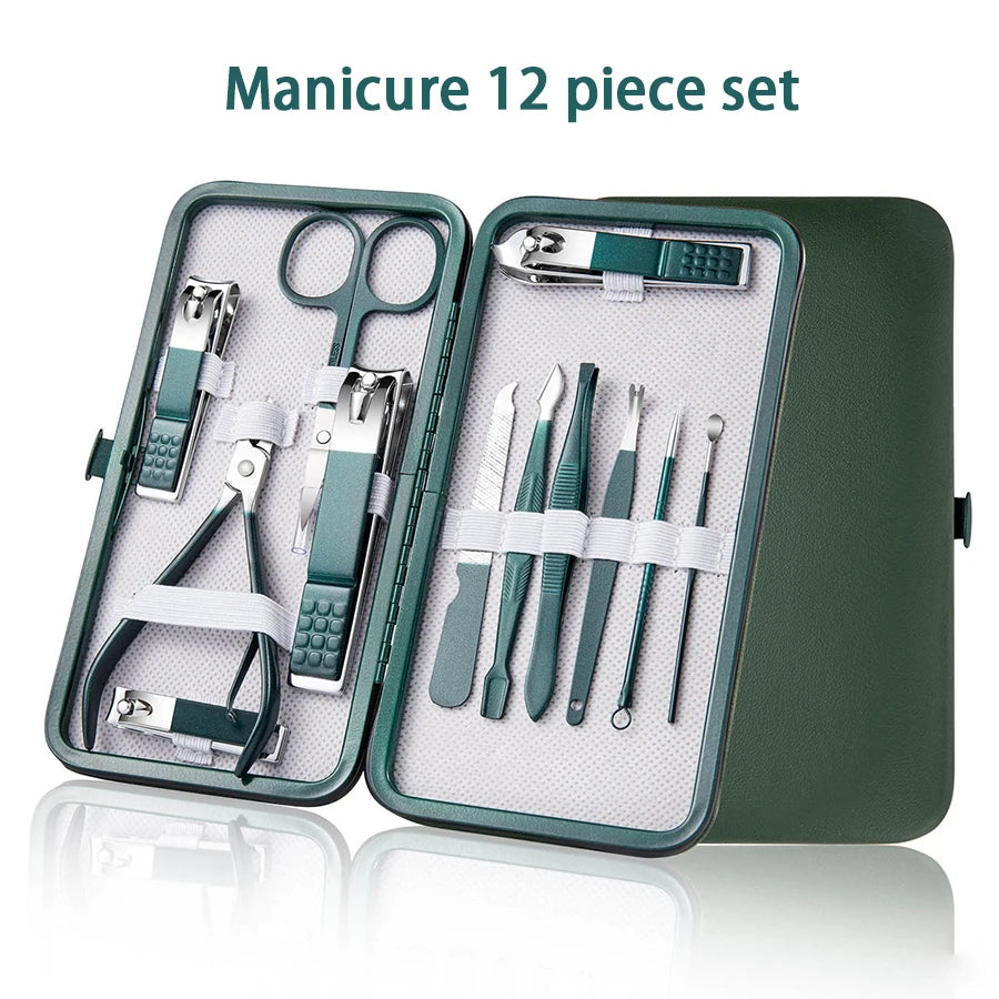 GreenStainlessSteel Nail Clippers Set-6-18 Nail Care Sets with Leather Storage Box-Professional Foot and Face Care Tool Set