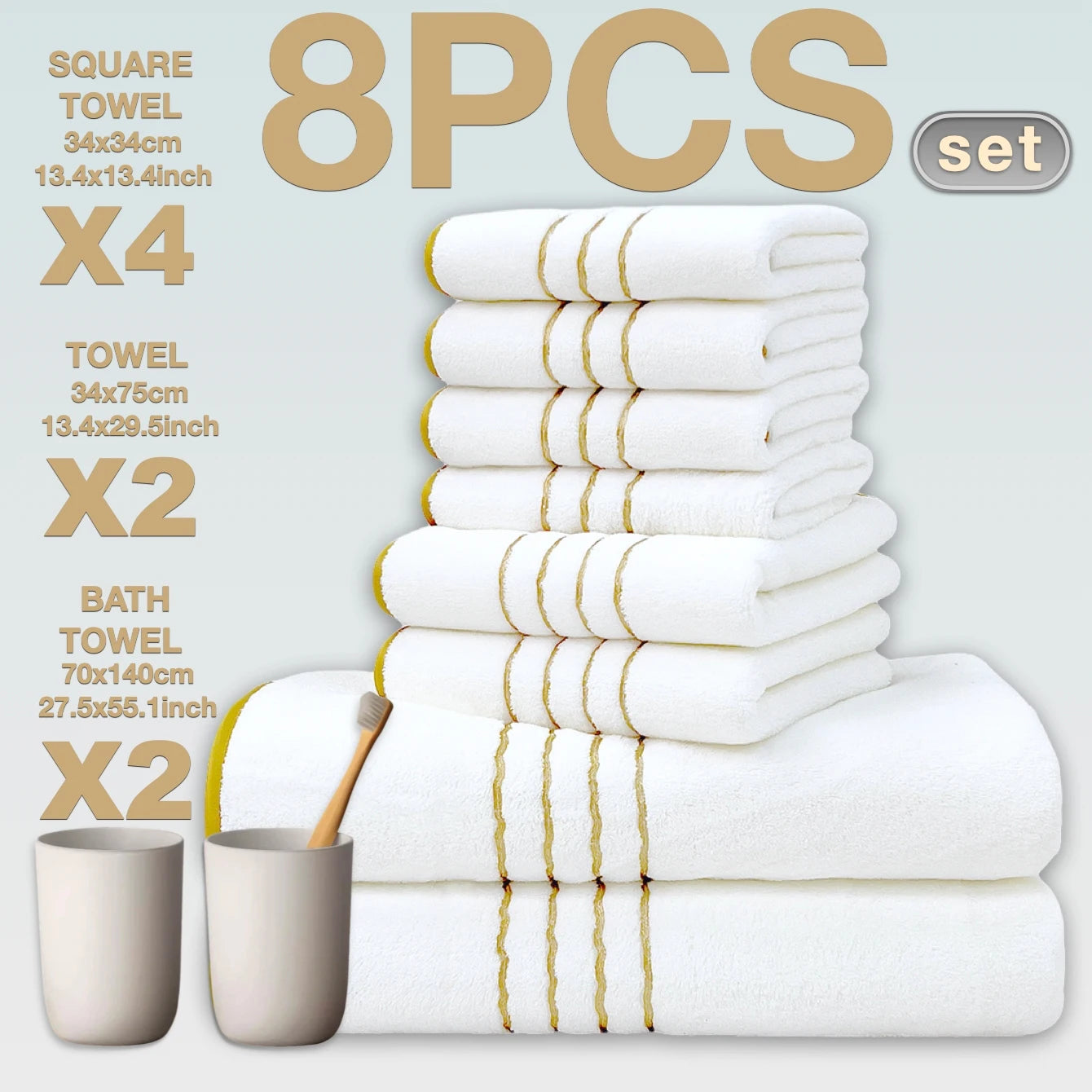 8pcs Luxury Hotel High Quality Coral Fleece Bath Towel Set, Including Soft  Absorbent Quick-Drying Set, Suitable for Bathroom.