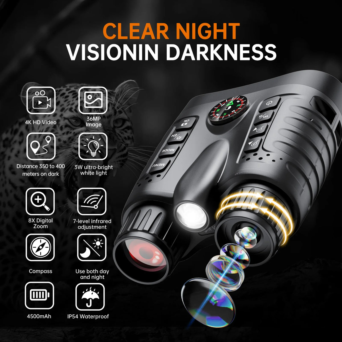 4K Night Vision Binoculars 64GB 8x Digital 400m Full Dark Infrared Telescope Goggles 3.2” Screen for Hunting Camping Boating