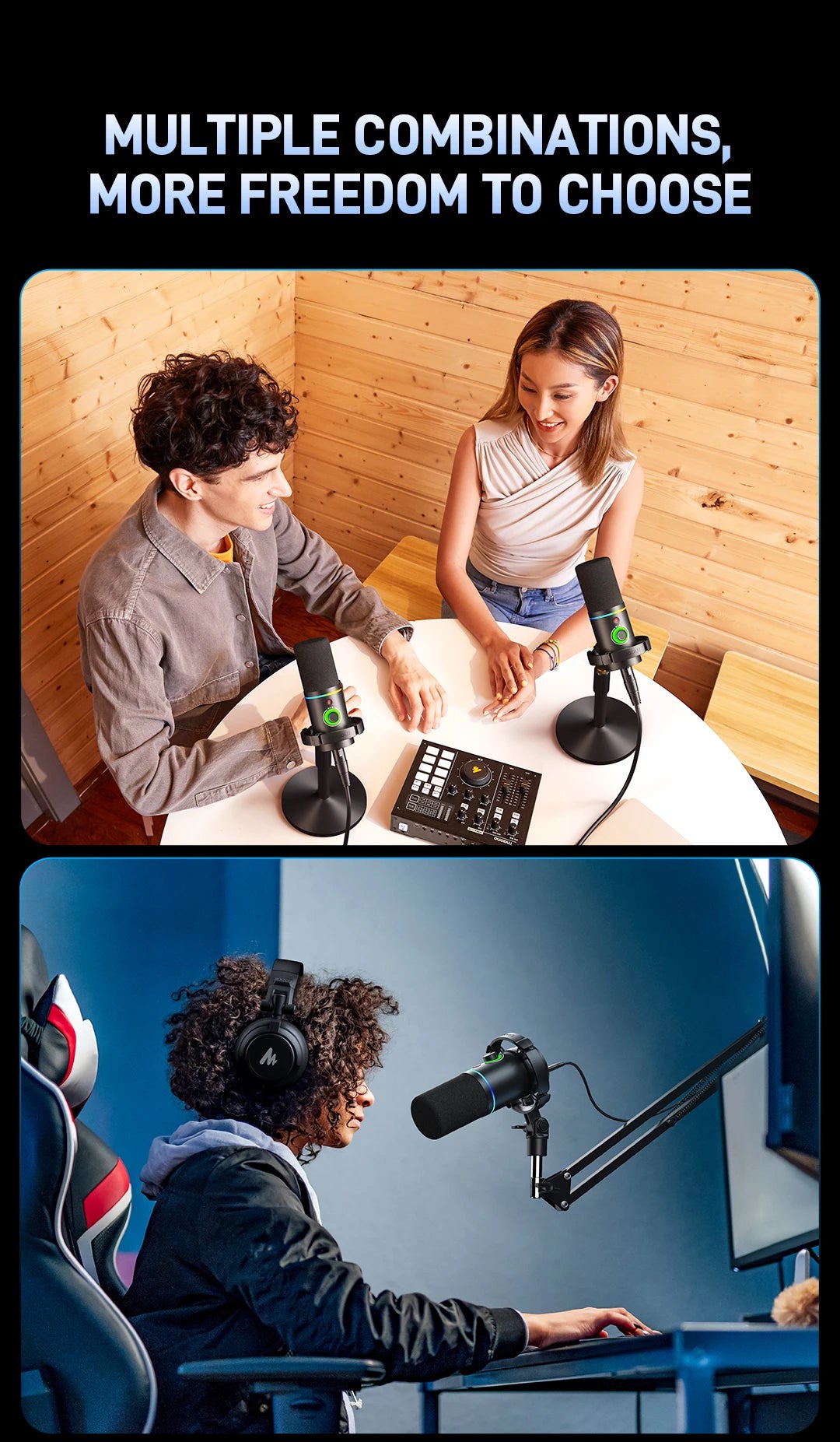 MAONO PD200XS USB/XLR Dynamic Microphone with Shock Mount Boom Arm Stand Maonolink Gain Knob RGB Light for PC Gaming Recording