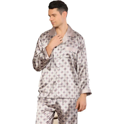 Herr Silk Satin Pyjamas 2-delad – Långärmad Topp & Byxor Tryckt Mönster, Svart/Röd/Marinblå