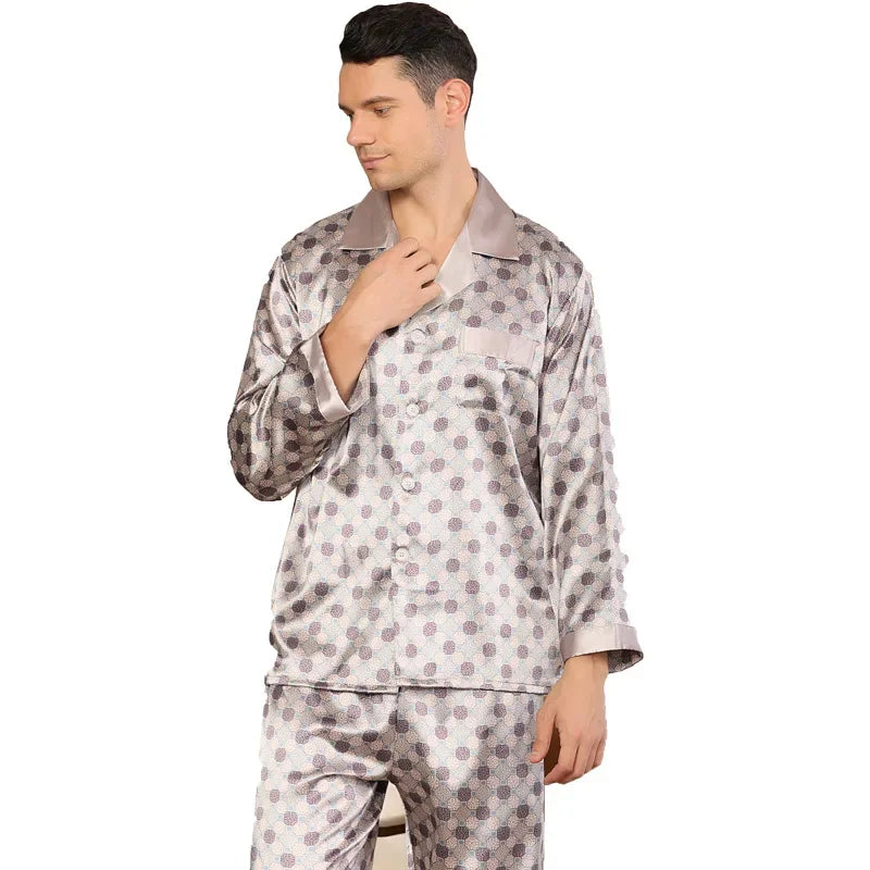 Herr Silk Satin Pyjamas 2-delad – Långärmad Topp & Byxor Tryckt Mönster, Svart/Röd/Marinblå