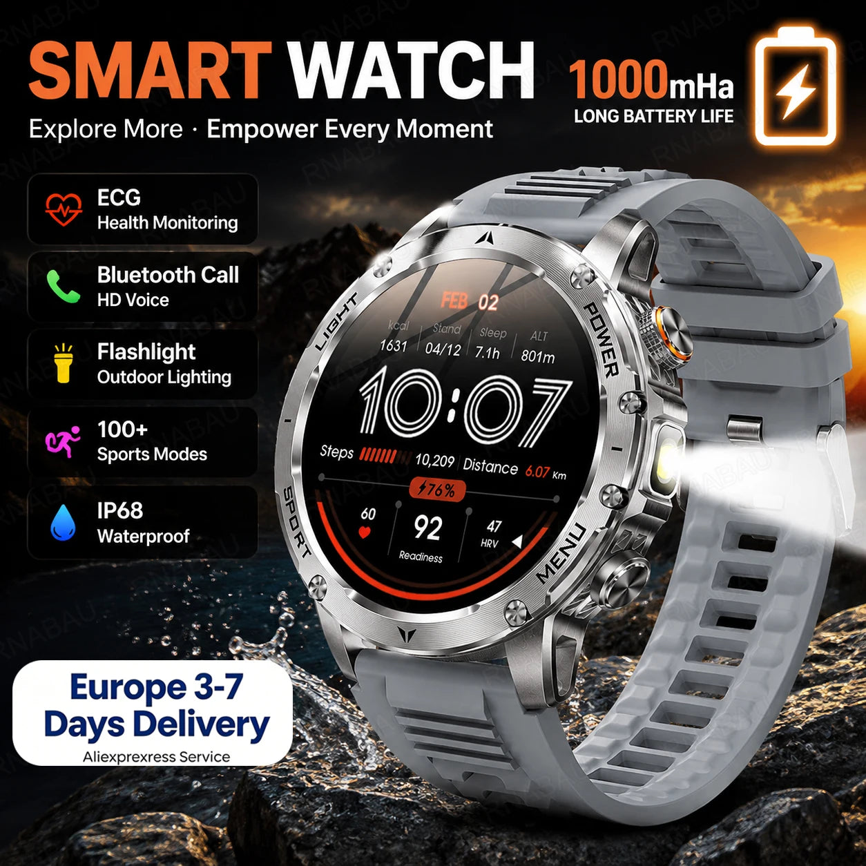 Militär Smartklocka Herr 2026 – 1,7" AMOLED, Bluetooth-samtal, IP68, 1000mAh, 100+ Sportlägen, EU-lager