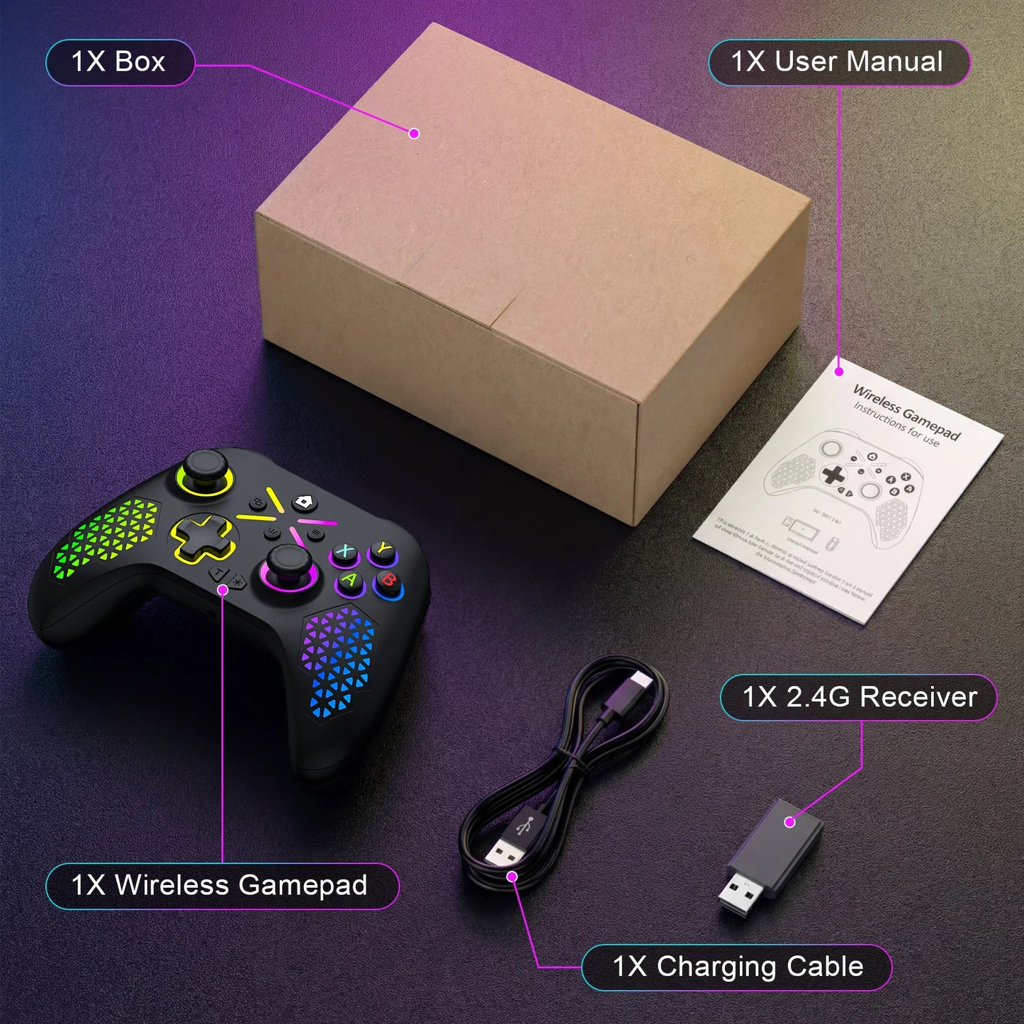 RGB Trådlös Xbox Handkontroll – Hall Effect 6-axlig Gyro Dubbel Vibration TURBO 3,5mm Xbox One/Series X|S/PC/Android