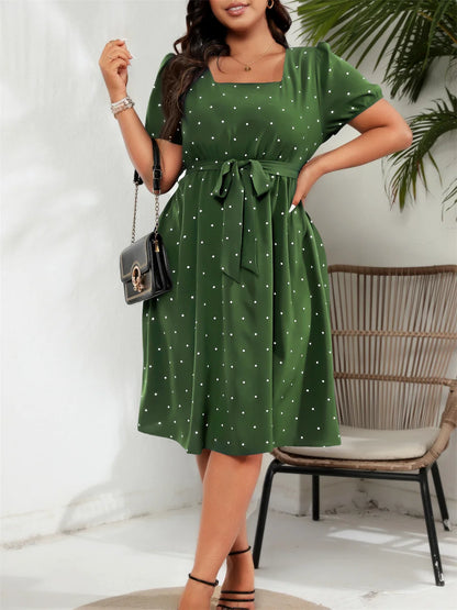GIBSIE Plus Size Square Neck Polka Dot Belted Dress Women's Elegant Retro Puff Sleeve High Waist Summer A-line Big Swing Dresses