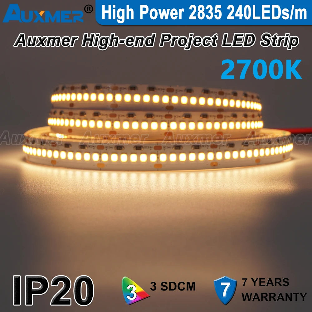 High Power 2835 LED Strip Lights,Mono Color,120LEDs/m 240LEDs/m,CRI＞95/90,3SDCM,Super Bright Flex LED DC12/24V,5m/reel,IP20