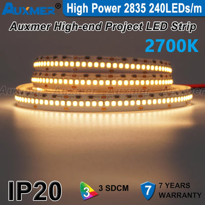 High Power 2835 LED Strip Lights,Mono Color,120LEDs/m 240LEDs/m,CRI＞95/90,3SDCM,Super Bright Flex LED DC12/24V,5m/reel,IP20