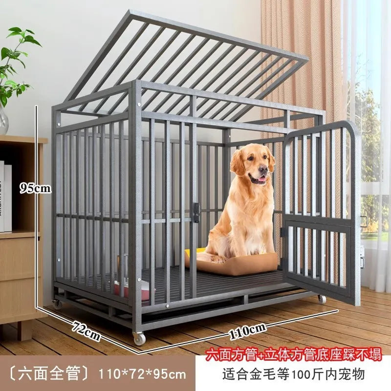 Heavy Duty Square Tube Dog Cage for Medium Large Dogs Indoor Metal Kennel with Toilet Tray Foldable Iron Pet Crate Furniture