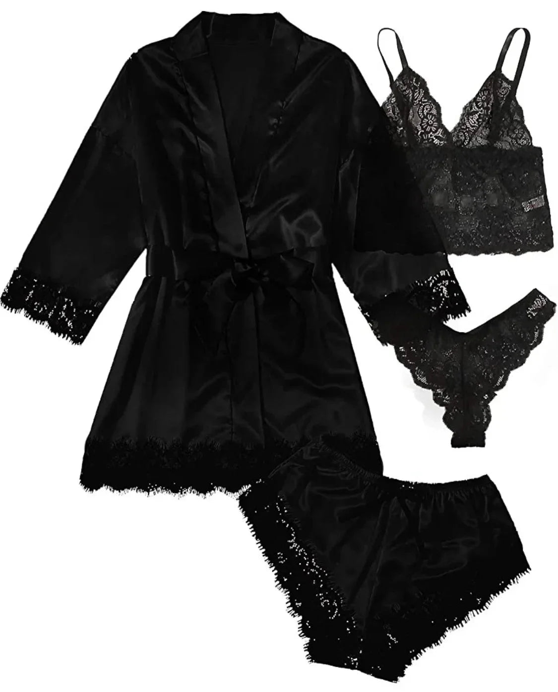 Pyjamasset dam med satinkänsla och spets – sex färger, S–2XL
