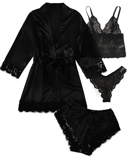 Pyjamasset dam med satinkänsla och spets – sex färger, S–2XL