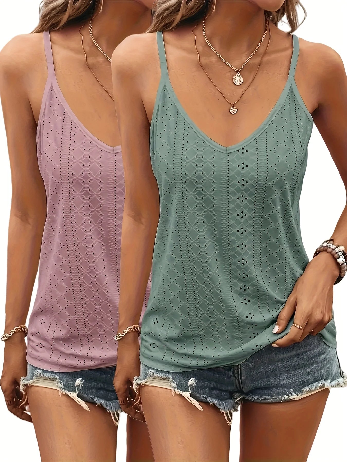 2 Pieces of Women's Y2K Style V-Neck Vests, Fashionable Elastic Perforated Sleeveless Vests, Solid Color