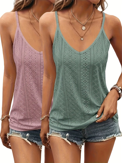 2 Pieces of Women's Y2K Style V-Neck Vests, Fashionable Elastic Perforated Sleeveless Vests, Solid Color