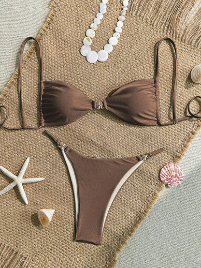 Sexy Solid Color Swimsuit Women' Swimwear 2026 New Bandeau Bikinis Rings Bikini Bandage Beachwear Two Piece Bathing Suit