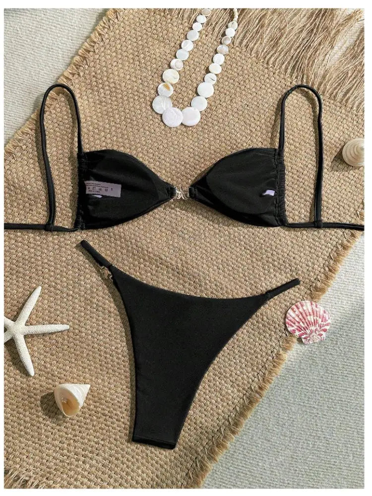 Cikini Women's Sexy Bikini Two Pieces Set Accessories Glossy Texture Special Fabric Solid Color Summer Beach Swimwear