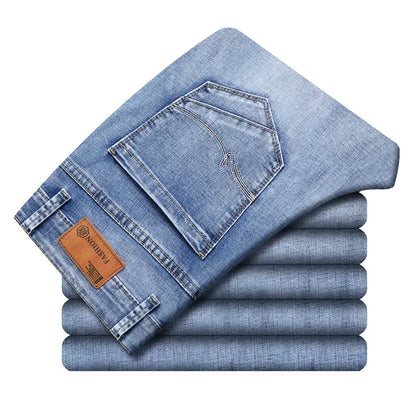 2024 Cotton Stretch Jeans Business Casual Men's Thin Denim Jeans Grey Spring Summer Brand New Fit Straight Lightweight