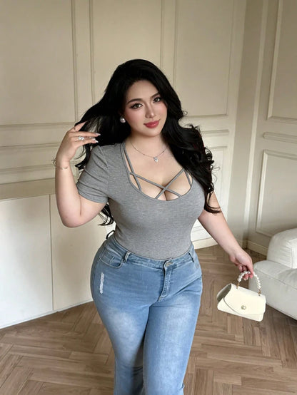 Plus Size, Fashion, Spring/Summer, Tie-front, Sexy, Seductive Style, T-shirt, Fitted, Slimming, Seductive Style