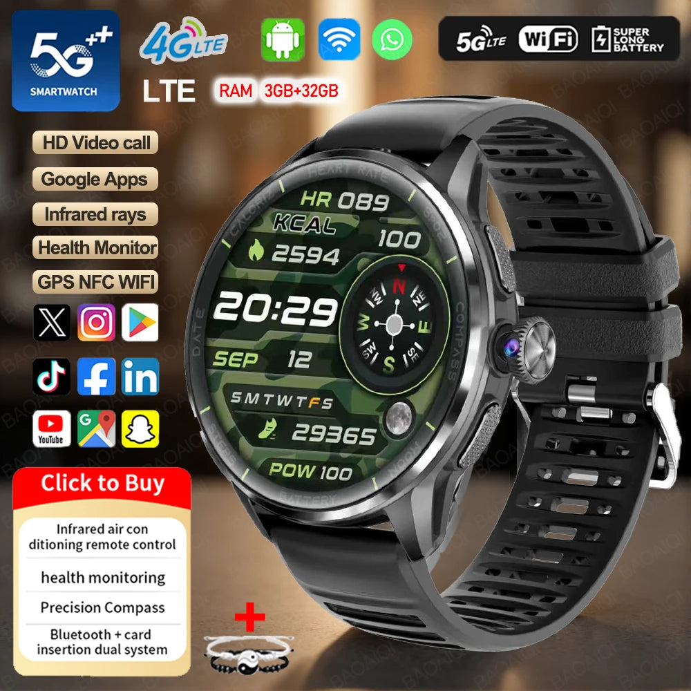 4G/3G Full Network Infrared Smart Watch 1.60 inch AMOLED Screen 800W Video Call  2100mAh Google Play WIFI GPS Compass Smartwatch