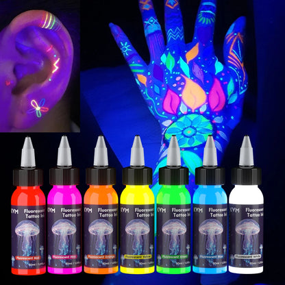 KVM 30ml 7 Color Fluorescent Tattoo Ink Pigment Body Art Ink Equipped with Ultraviolet Light Illumination Lamp Tattoo Supplies