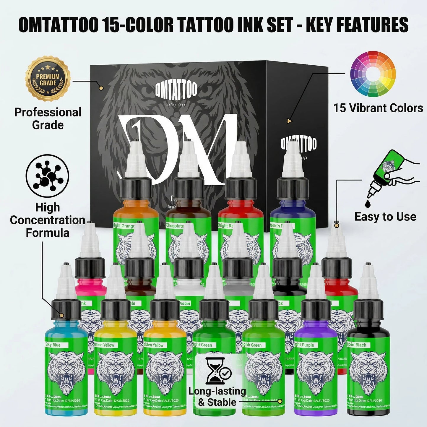 DM Tattoo Ink 15 Color 1OZ/Bottle Natural Plant Extract Pigment Body Painting Long Lasting No Color Loss Professional Tattoo Ink