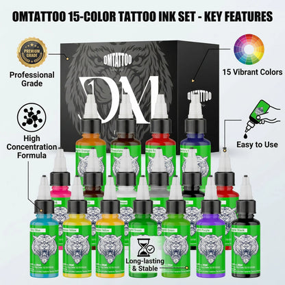 DM Tattoo Ink 15 Color 1OZ/Bottle Natural Plant Extract Pigment Body Painting Long Lasting No Color Loss Professional Tattoo Ink