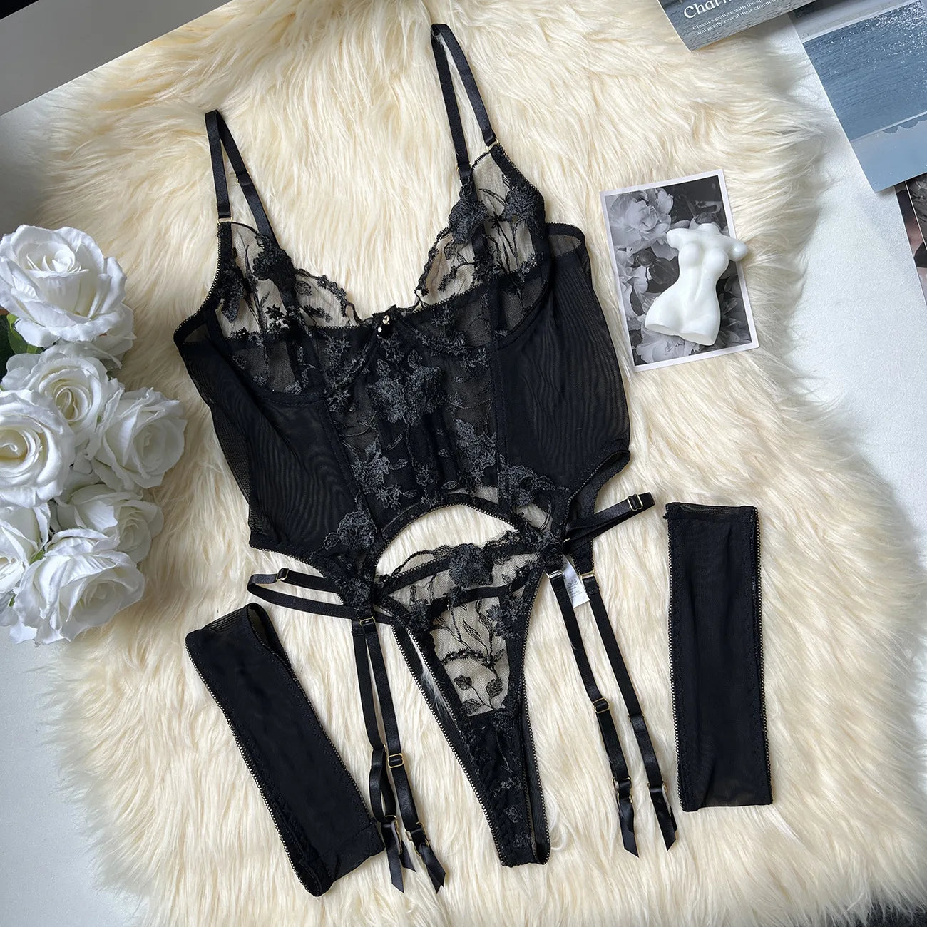 Floral Embroidered Boned Corset Lingerie Set Sheer Mesh Underwire Bustier Garter Straps Waist Cincher Romantic Night Clubwear
