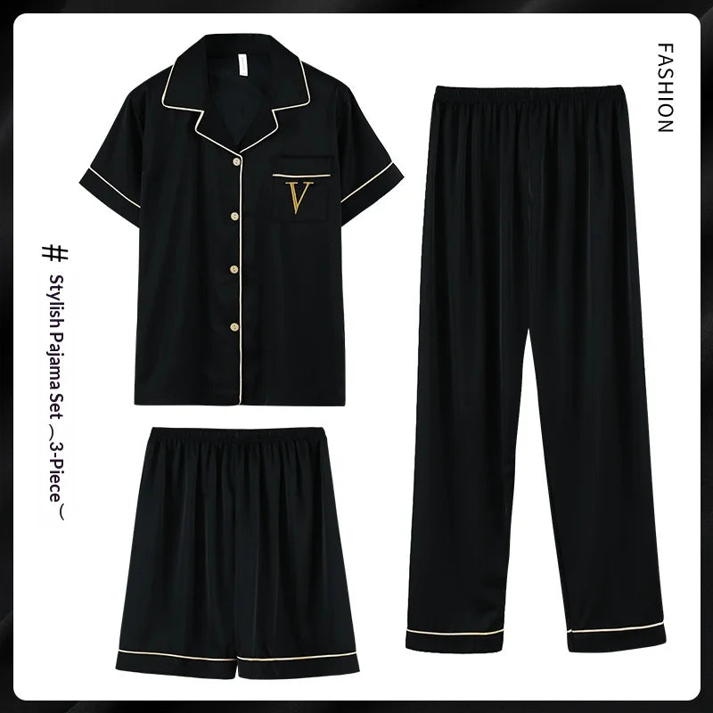 Fashion Summer Autumn 3 Piece Silk Men Pajamas Set Short Sleeve Shorts Oversize Homewear Lapel Collar Loungewear Pijamas for Man