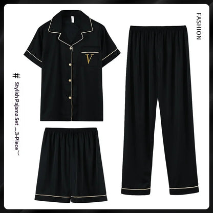 Fashion Summer Autumn 3 Piece Silk Men Pajamas Set Short Sleeve Shorts Oversize Homewear Lapel Collar Loungewear Pijamas for Man