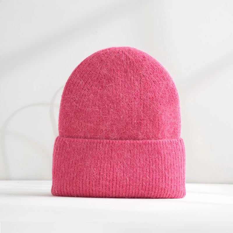 Fluffy Angora Hat Rabbit Fur Warm Winter hat For Womans Cashmere Wool Soft Beanies Blue Knitted Hat Outdoor Ski Female