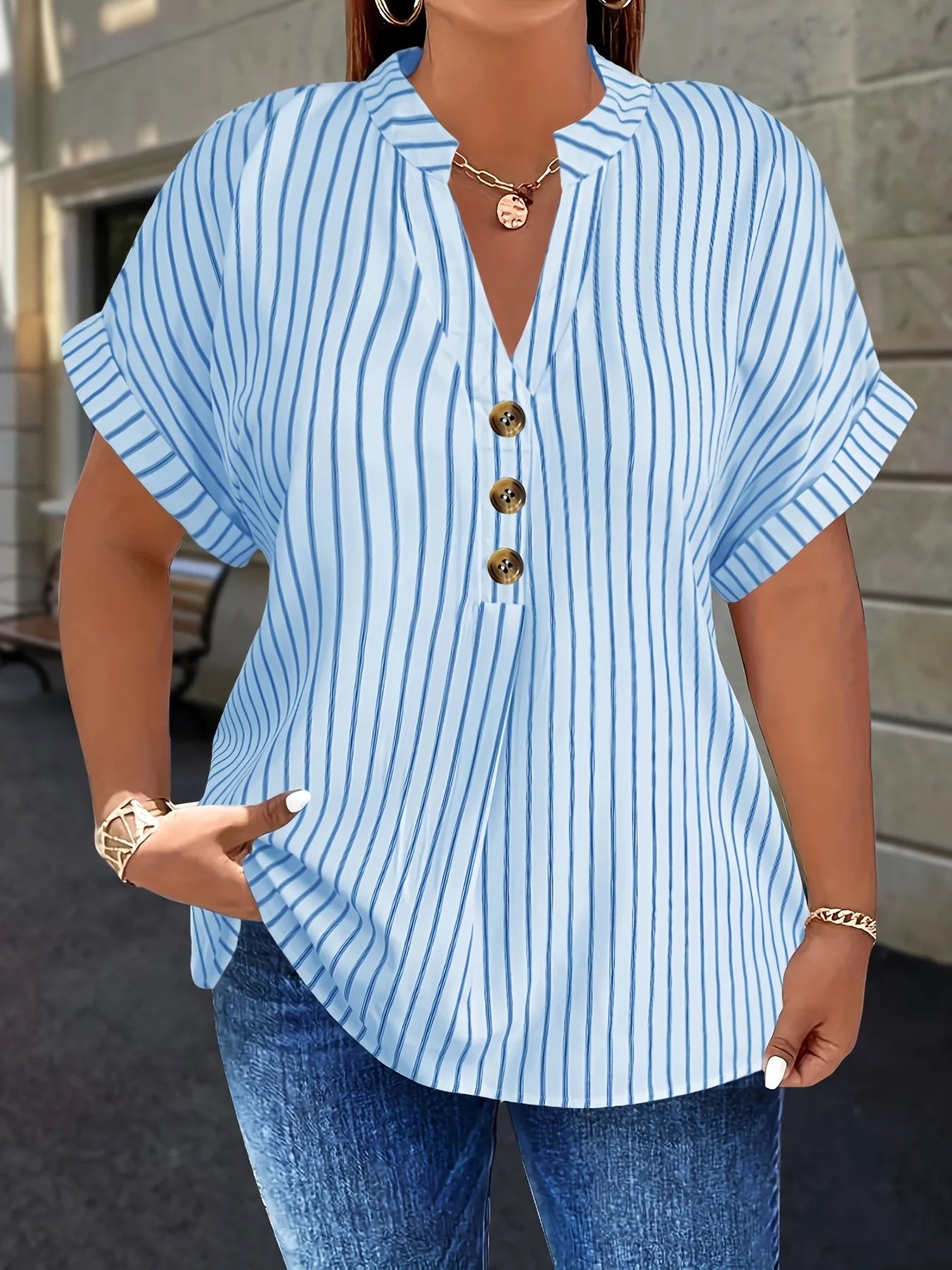 Gadinus White Plus Size Striped Blouse Women V Neck Button Front Short Sleeve Loose Fit Casual Shirt Tunic Top