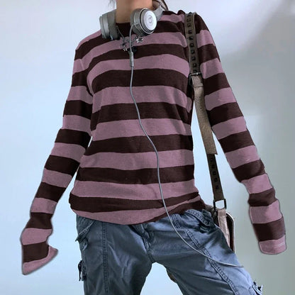 Women Teen Girls Fairy Grunge Y2k Long Sleeve Baggy Shirt Tops Striped Baby Tees Vintage Streetwear T-Shirt Autumn Clothes