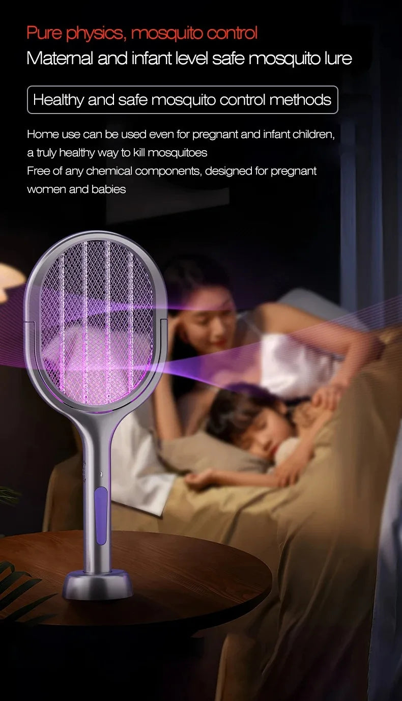 Telescopic Electric Mosquito Swatter & UV Trap Lamp, Extendable 109cm, Safe Physical Killer, Rechargeable, Wall Mount No Gap